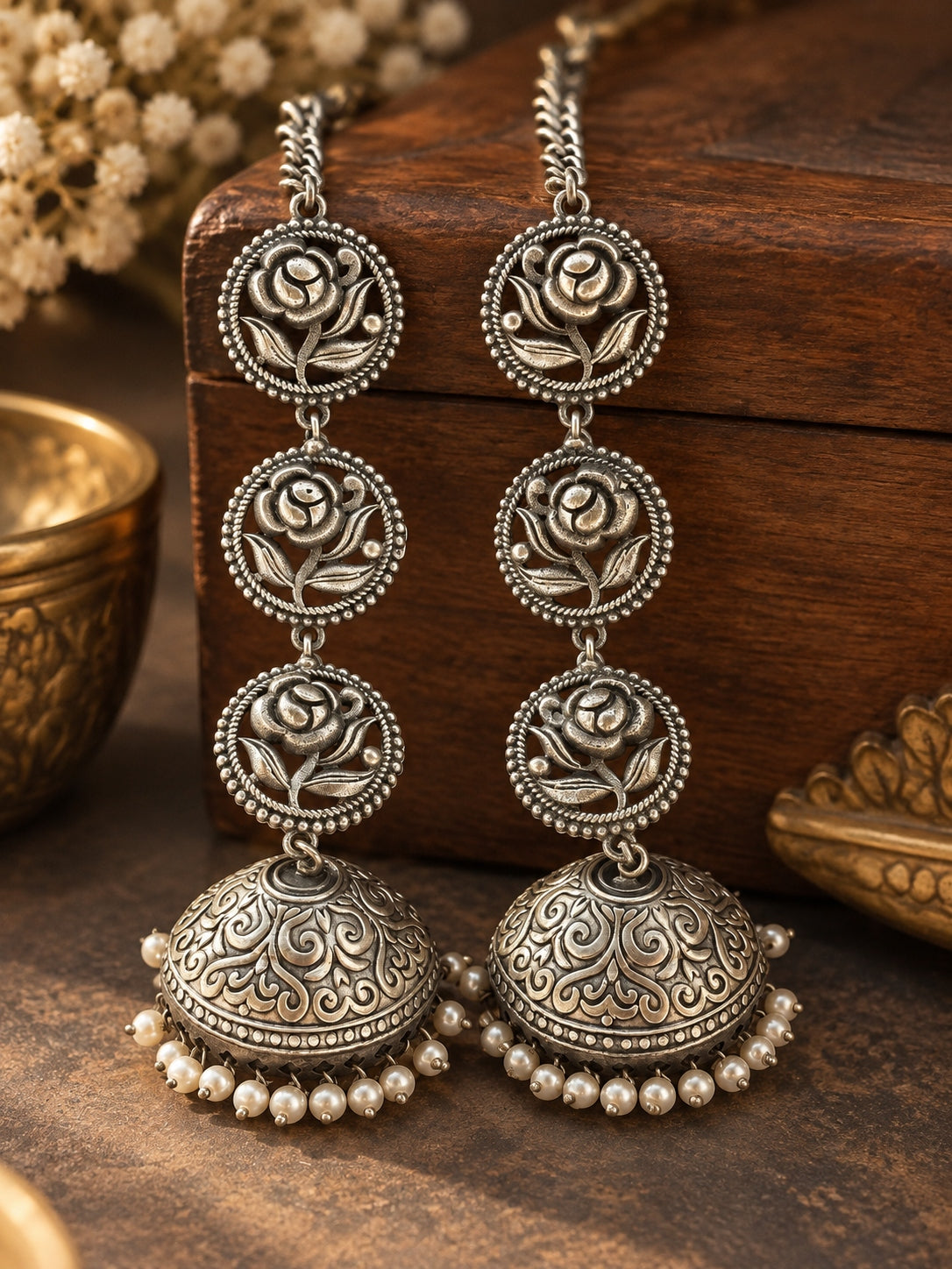 Teen Pushp Pearl Jhumka Chain Earrings | 3-Layer Oxidized Silver Boho Earrings