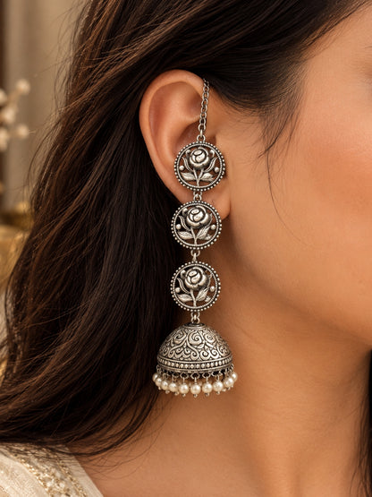 Teen Pushp Pearl Jhumka Chain Earrings | 3-Layer Oxidized Silver Boho Earrings