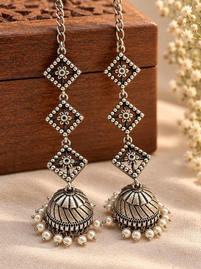 Teen Ratna Pearl Jhumka Chain Earrings | 3-Layer Oxidized Silver Earrings