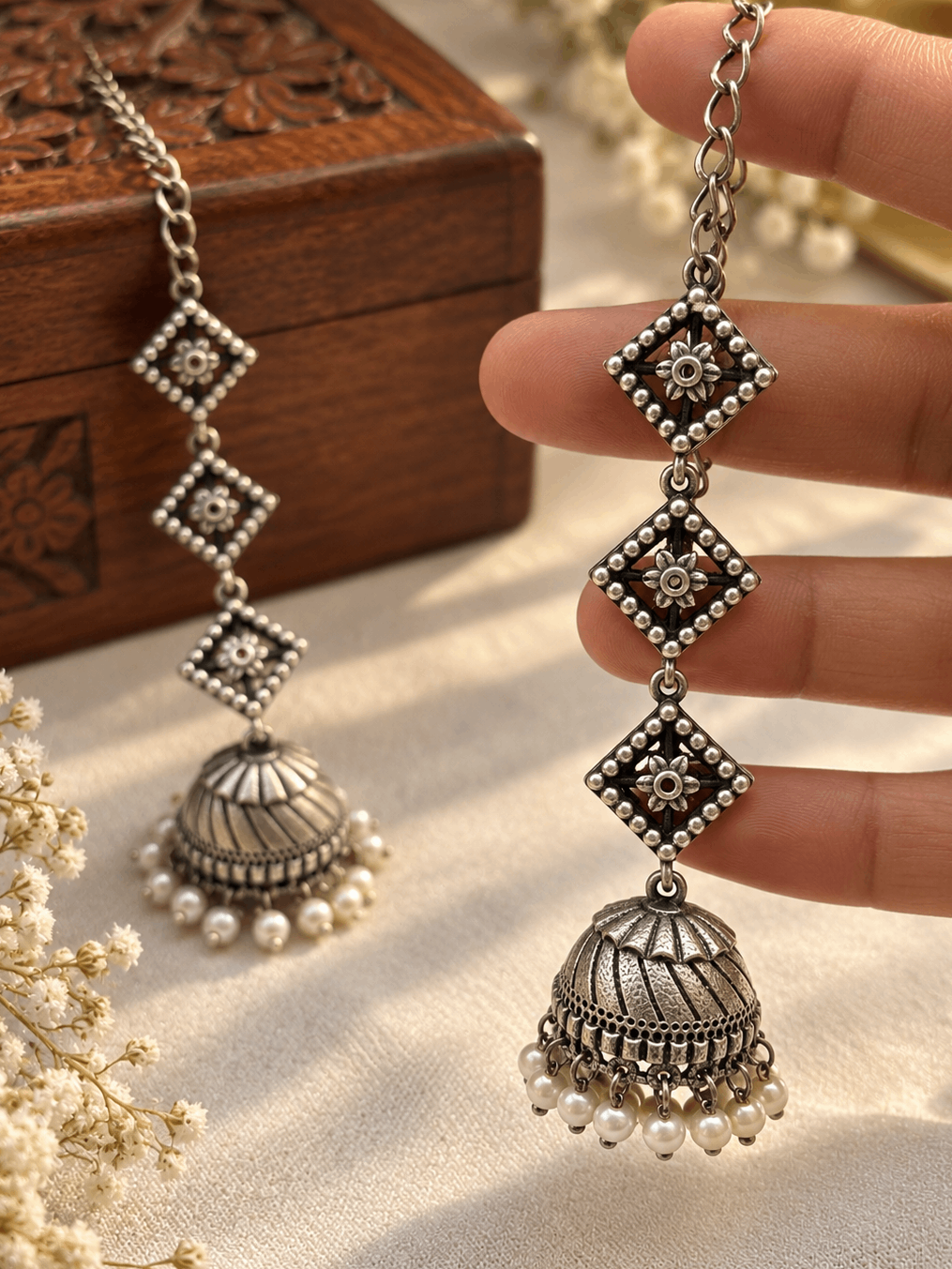 Teen Ratna Pearl Jhumka Chain Earrings | 3-Layer Oxidized Silver Earrings
