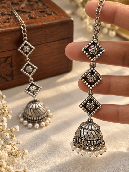 Teen Ratna Pearl Jhumka Chain Earrings | 3-Layer Oxidized Silver Earrings