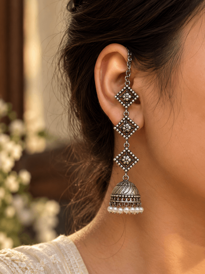 Teen Ratna Pearl Jhumka Chain Earrings | 3-Layer Oxidized Silver Earrings