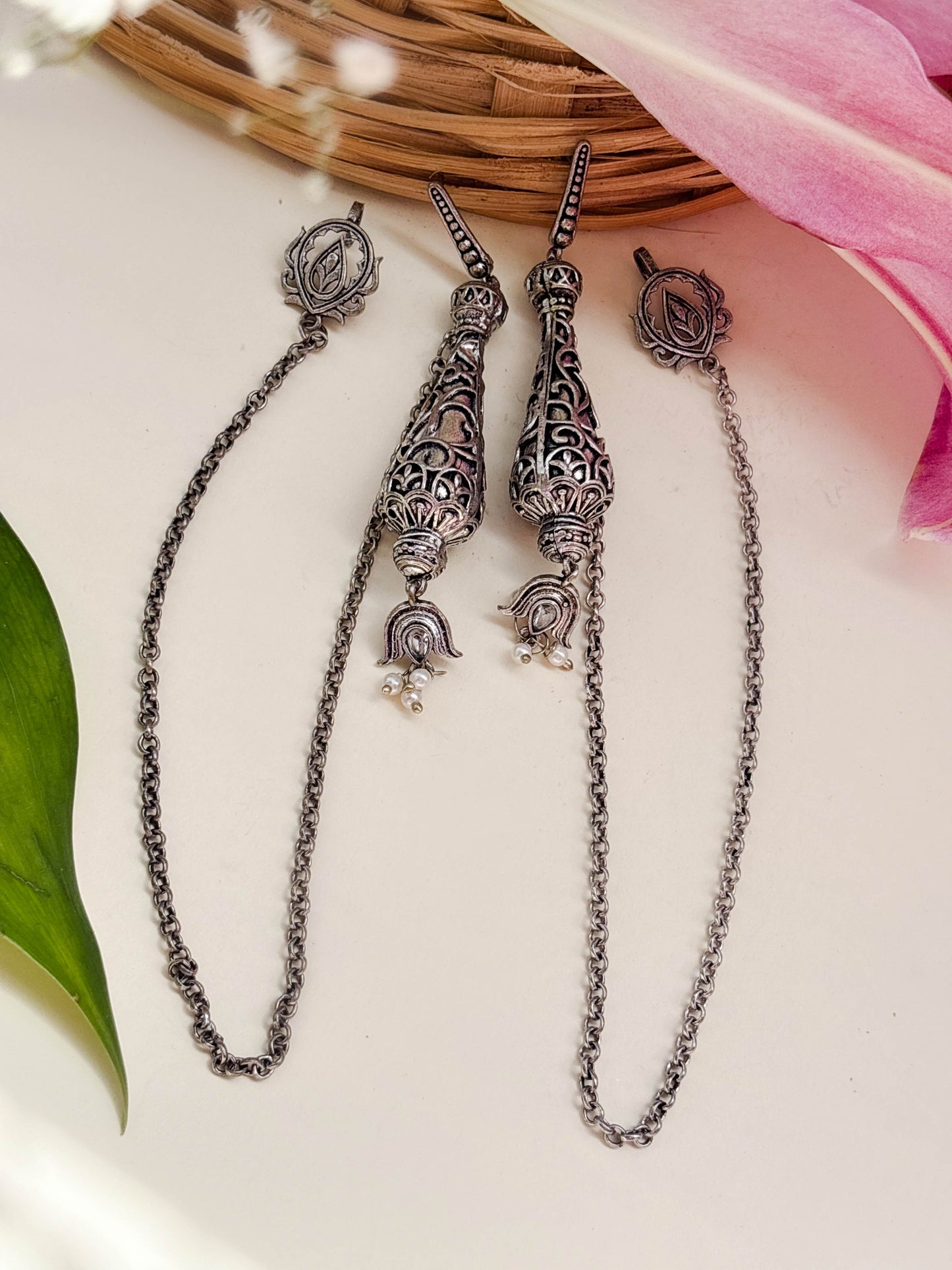 Thumri Pearl Chain Dangle Oxidized Earrings with Hair Clip