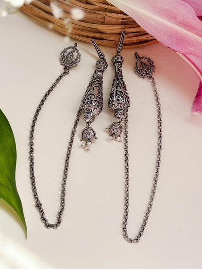 Thumri Pearl Chain Dangle Oxidized Earrings with Hair Clip