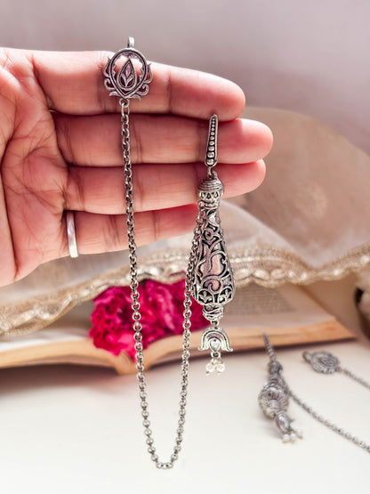 Thumri Pearl Chain Dangle Oxidized Earrings with Hair Clip