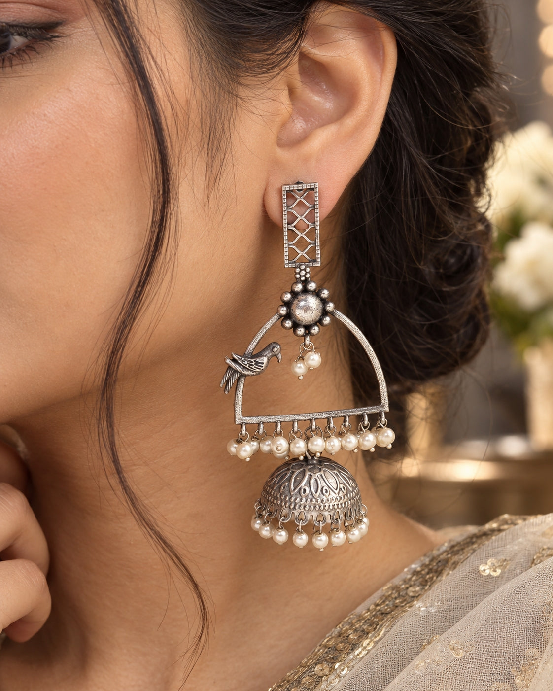 Tiya Long Dangle Pearl Jhumka Earrings