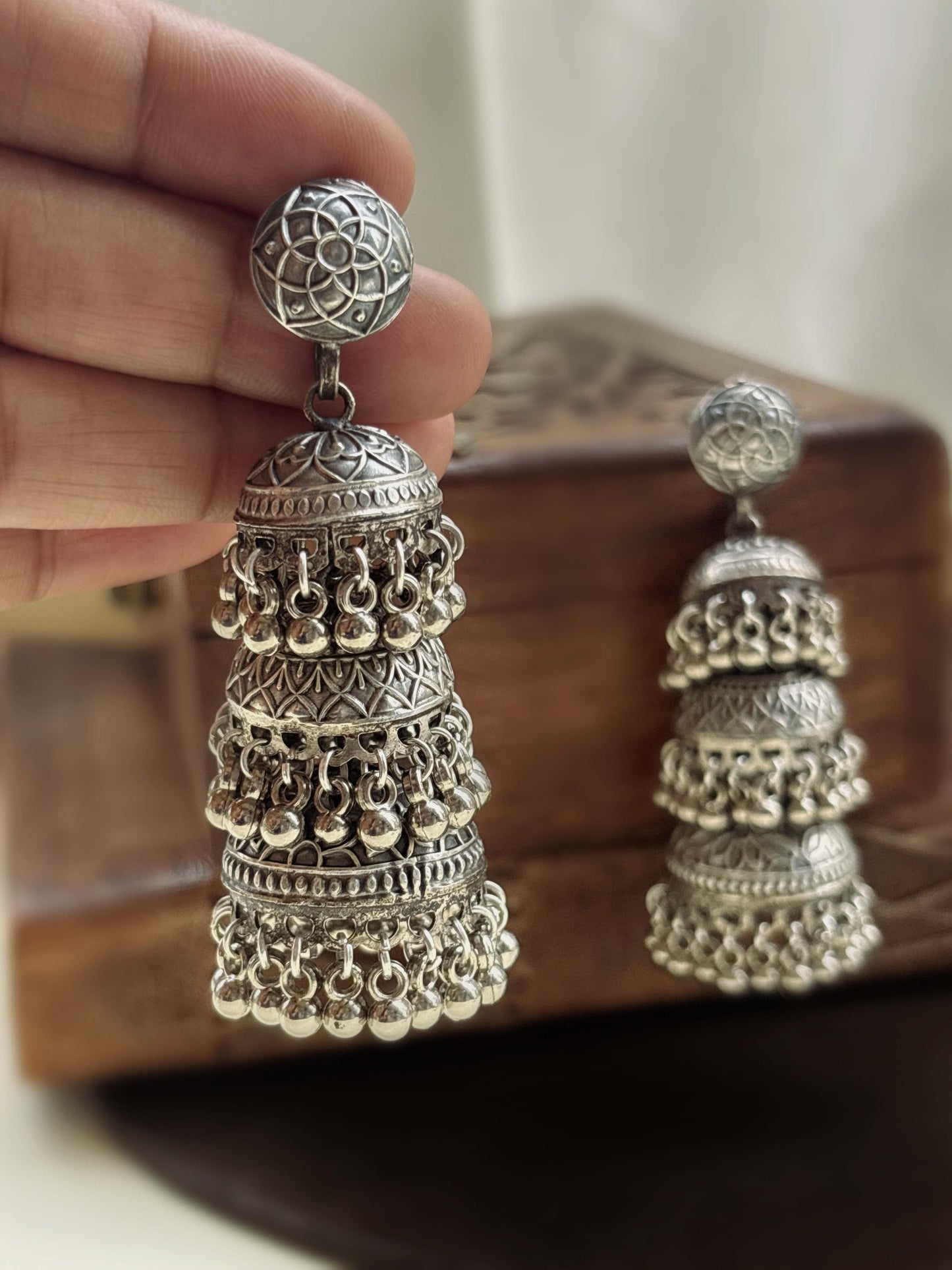 Tripada Long Triple Layer Ghungroo Jhumka Oxidized Silver Polished Boho Earrings