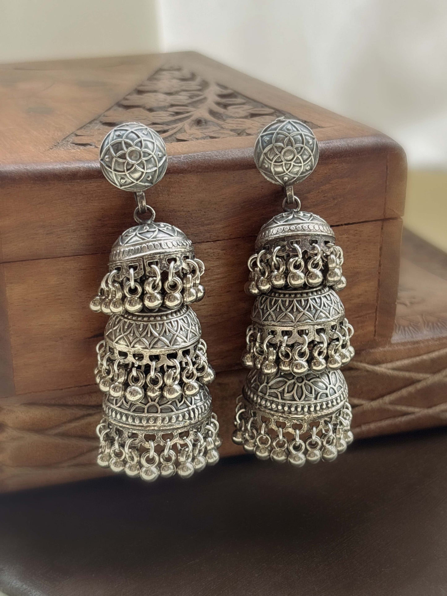 Tripada Long Triple Layer Ghungroo Jhumka Oxidized Silver Polished Boho Earrings