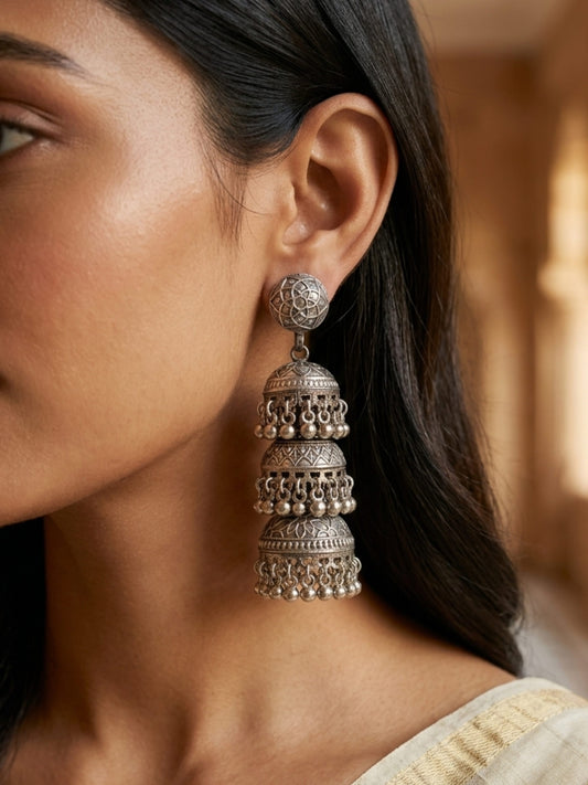 Tripada Long Triple Layer Ghungroo Jhumka Oxidized Silver Polished Boho Earrings