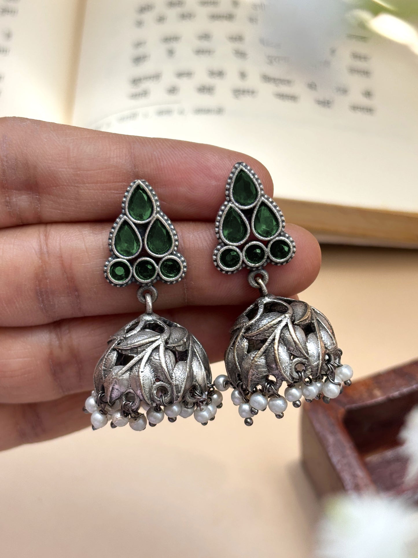 Tulsi Green Monalisa Stone Jhumki Earrings