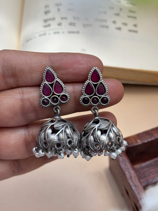 Tulsi Red Monalisa Stone Jhumki Earrings