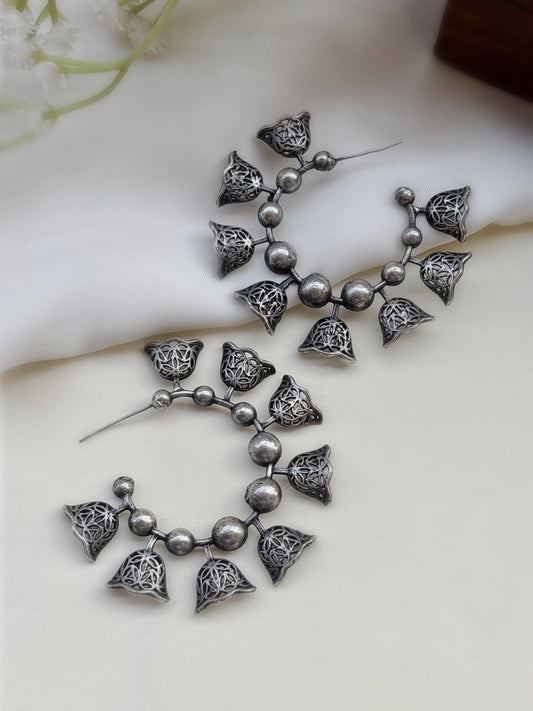 Valaya Hoop Big Studs Silver Oxidized Boho Earrings