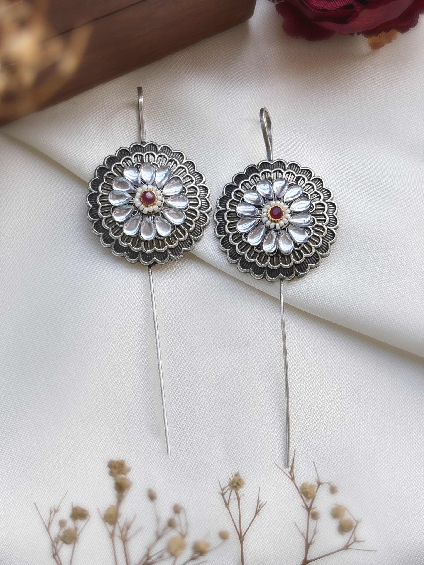 Vanalika Red & White Kundan Pearl Oxidized Sui Earcuffs (Bugadi)