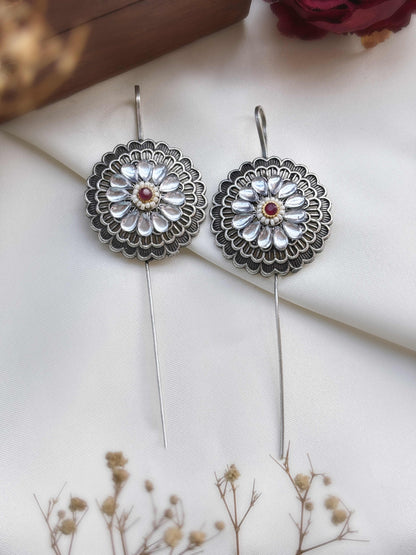 Vanalika Red & White Kundan Pearl Oxidized Sui Earcuffs (Bugadi)