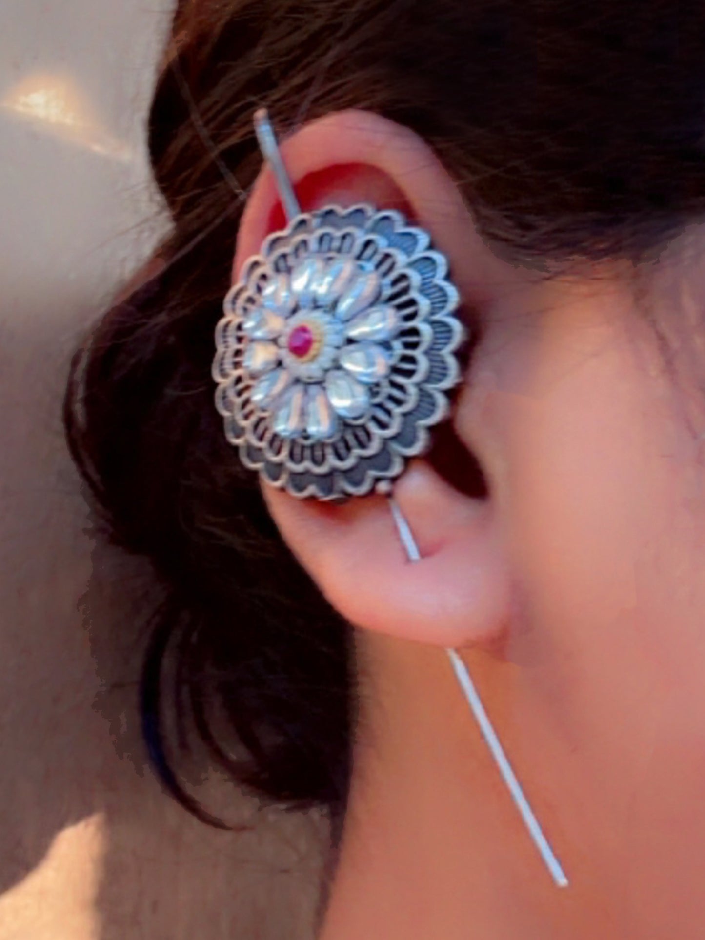 Vanalika Red & White Kundan Pearl Oxidized Sui Earcuffs (Bugadi)