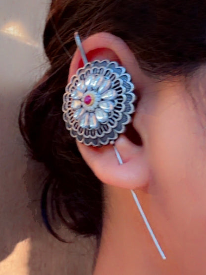 Vanalika Red & White Kundan Pearl Oxidized Sui Earcuffs (Bugadi)