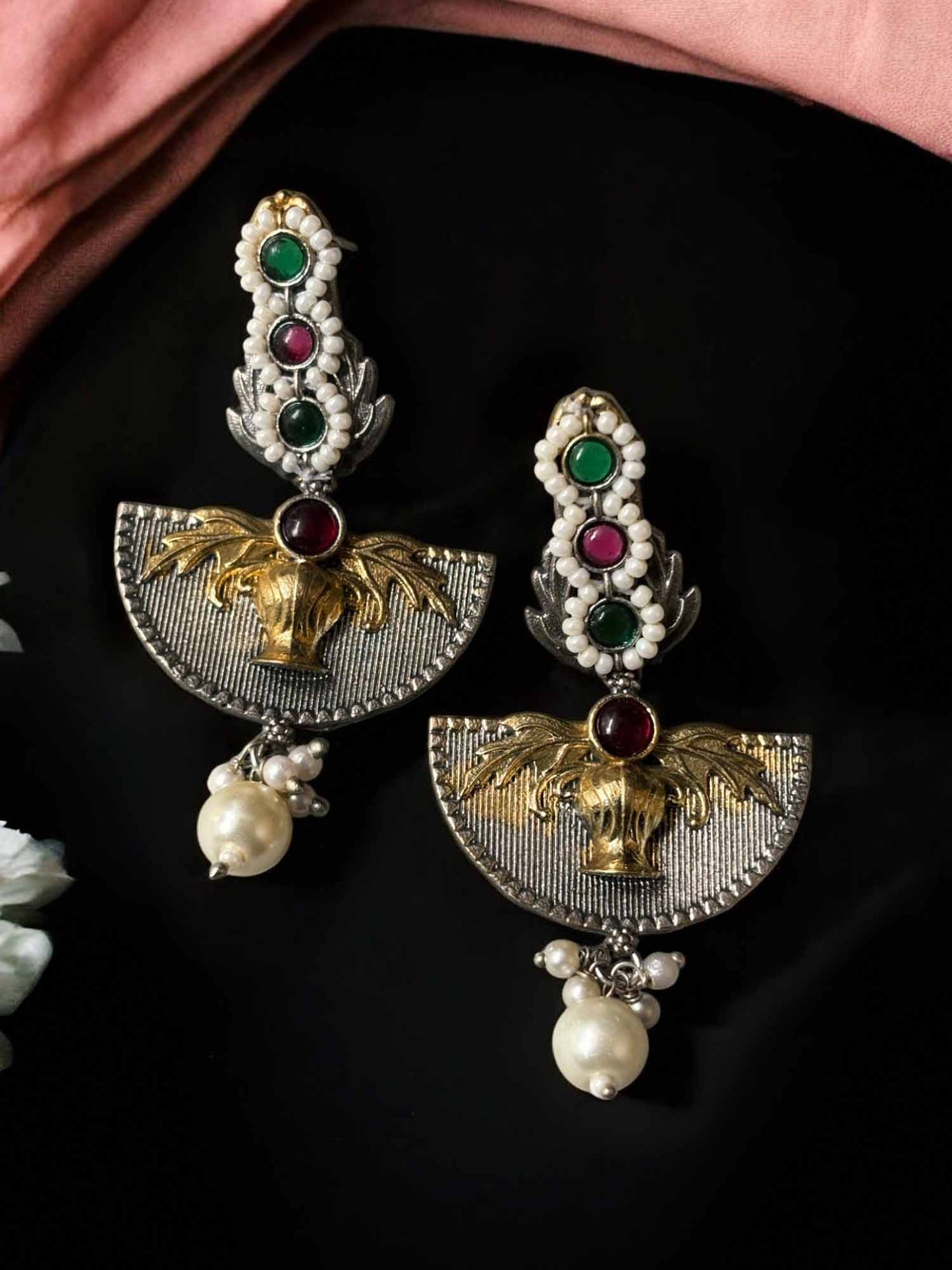 Vanmrag Dual Tone Monalisa Stone Dangle Earrings