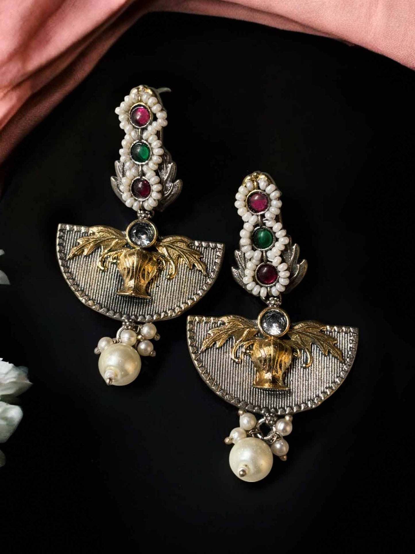 Vanmrag Dual Tone Monalisa Stone Dangle Earrings