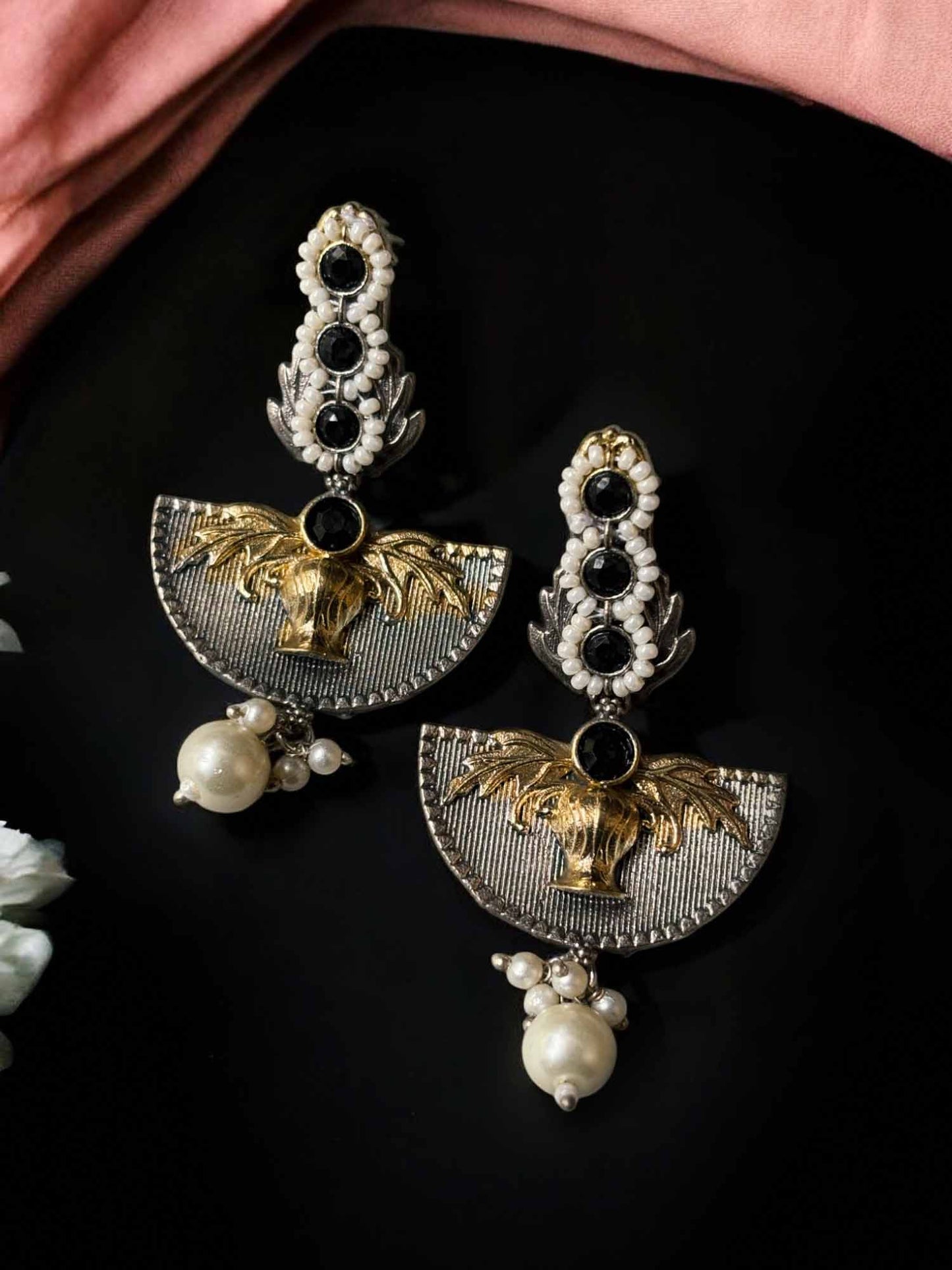 Vanmrag Dual Tone Monalisa Stone Dangle Earrings