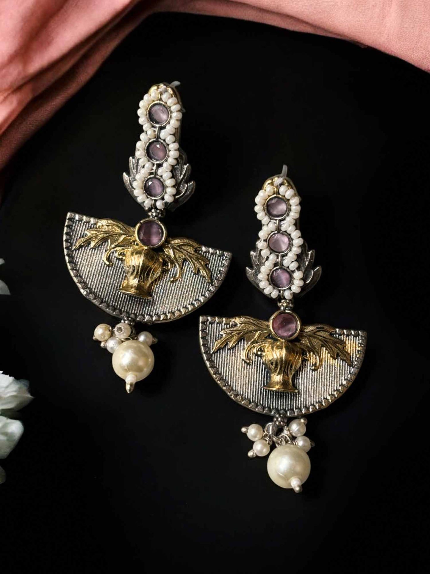 Vanmrag Dual Tone Monalisa Stone Dangle Earrings