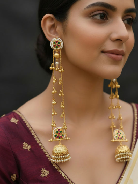 Yami Red Green Kashmiri Dejhoor Ghungroo Golden Dangle Earrings
