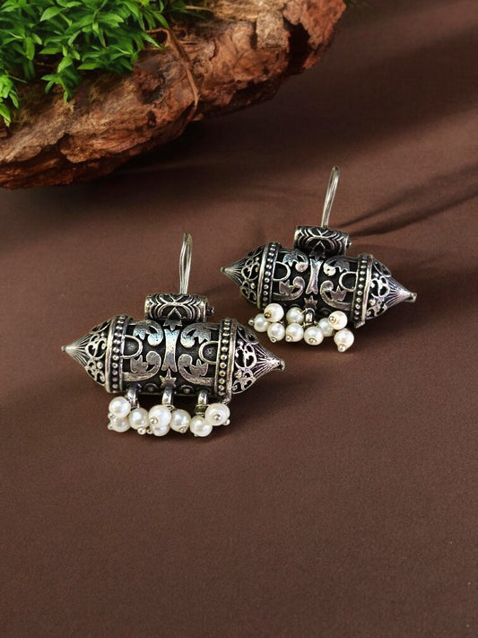 Yugmaa Pearl Hook Oxidized Boho Earrings