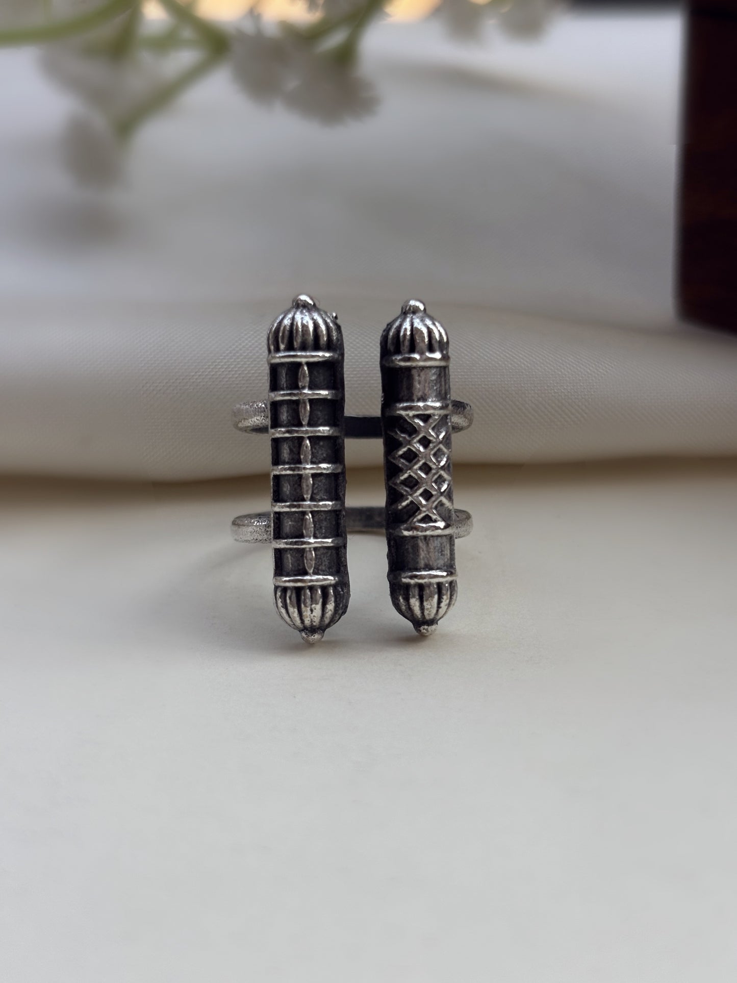 Yugmi Free Size Oxidized Silver Adjustable Ring