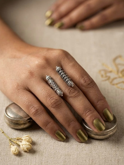 Yugmi Free Size Oxidized Silver Adjustable Ring