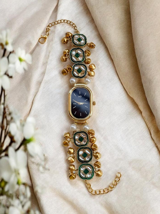 Zainab Green Emerald Kashmiri Watch Bracelet with Ghungroo Drops