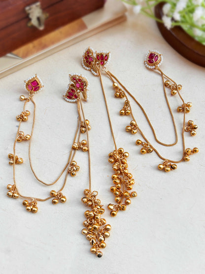Zarina Red Magenta Kashmiri Dejhoor Long Ghungroo Earrings