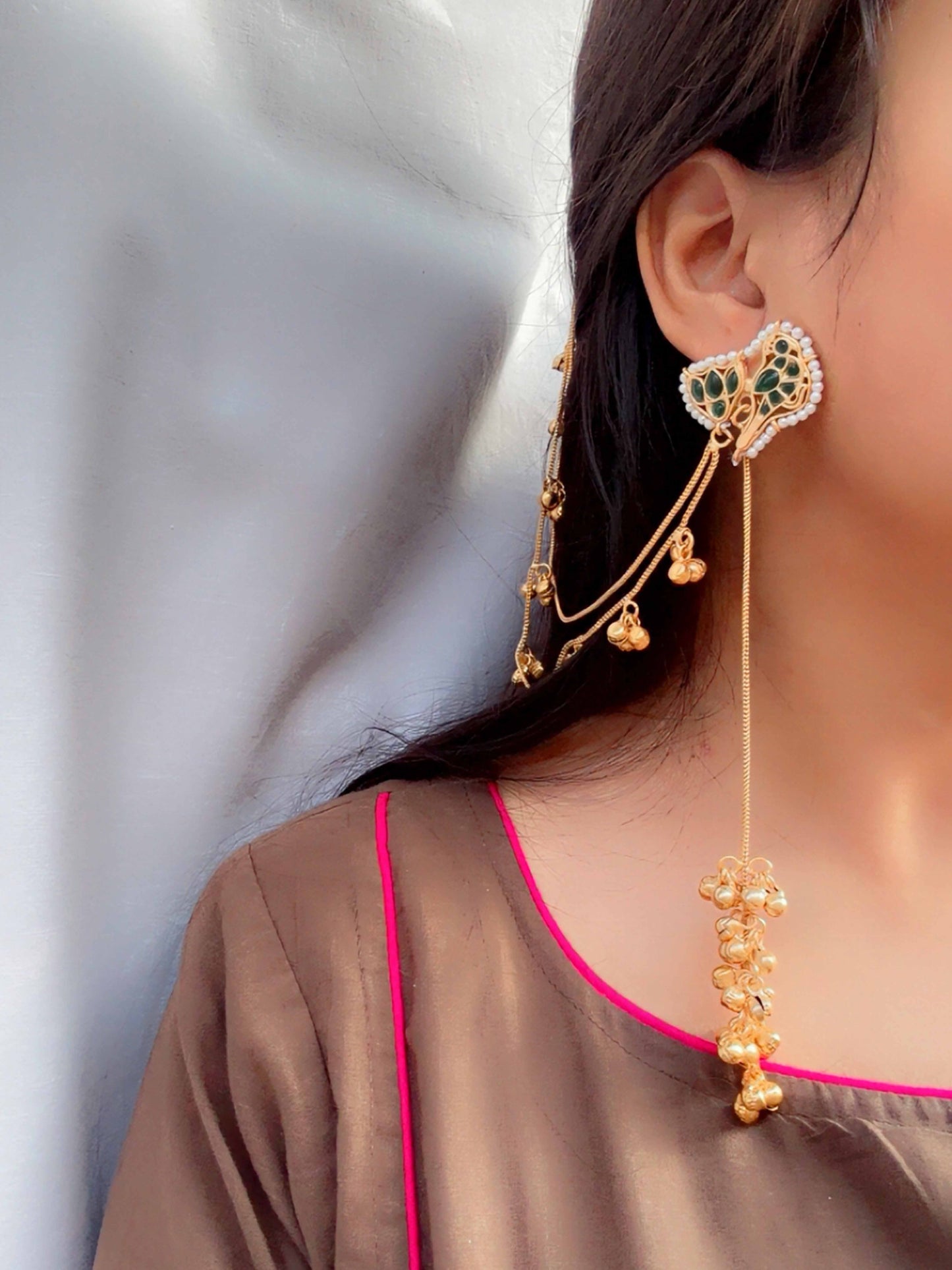 Zarina Green Kashmiri Dejhoor Long Ghungroo Earrings