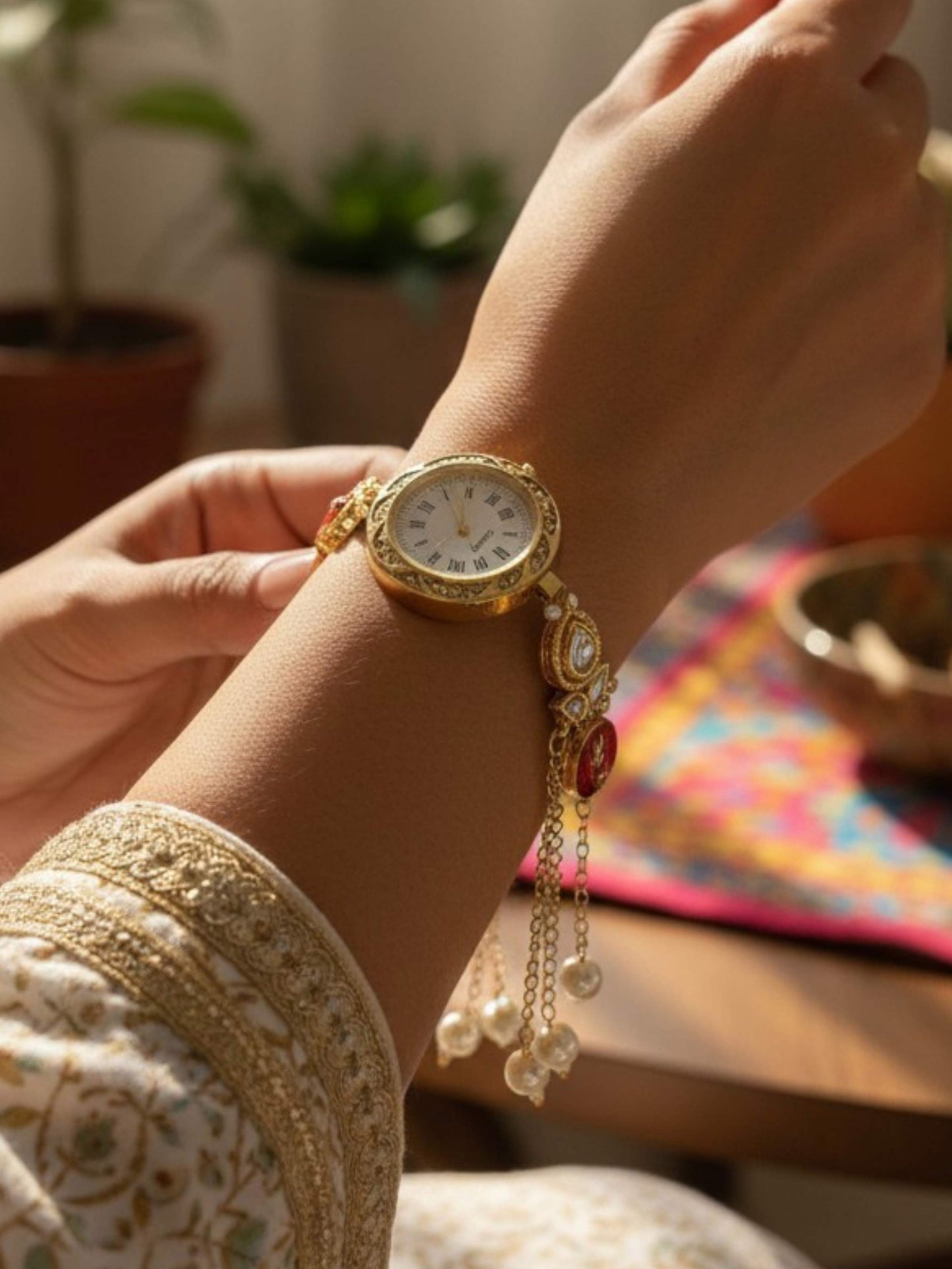 Zoya Golden Pearl Chain Drop Watch Bracelet