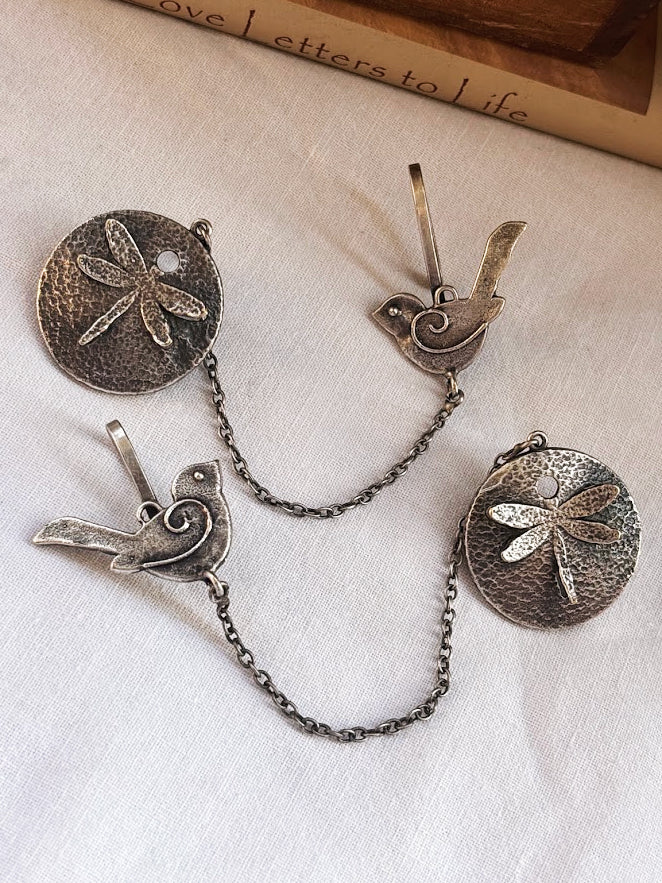 Quirky Fly & Bird Chain Bugadi Earcuff Earrings | Oxidized Silver Tribal Studs
