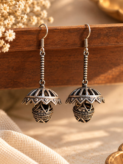 Kshudra Jhumka Hook Earrings | Oxidized Silver Boho Tribal Earrings