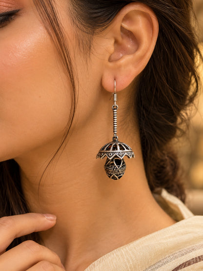 Kshudra Jhumka Hook Earrings | Oxidized Silver Boho Tribal Earrings
