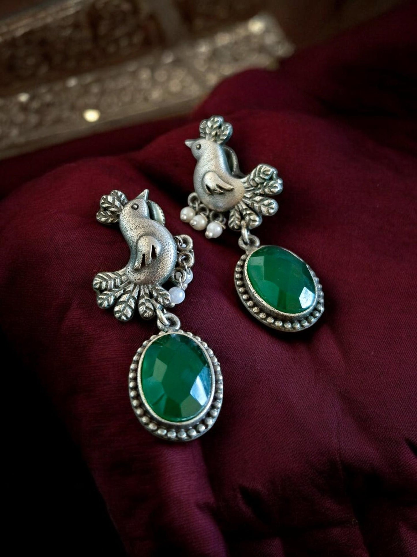 Prindey Monalisa Stone Oxidized Green Earrings