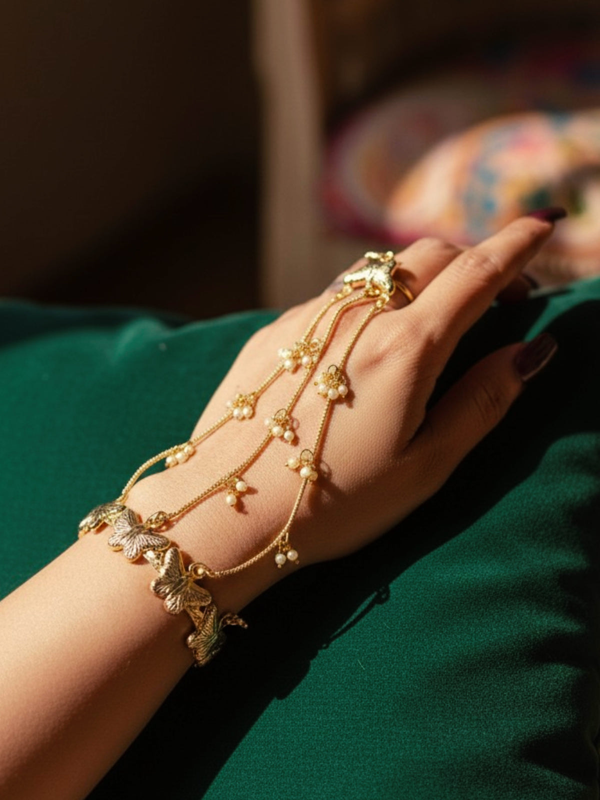 Chain Hathphool Titli Golden Pearl Chain Adjustable Hathphool Bracelet – Preyasi