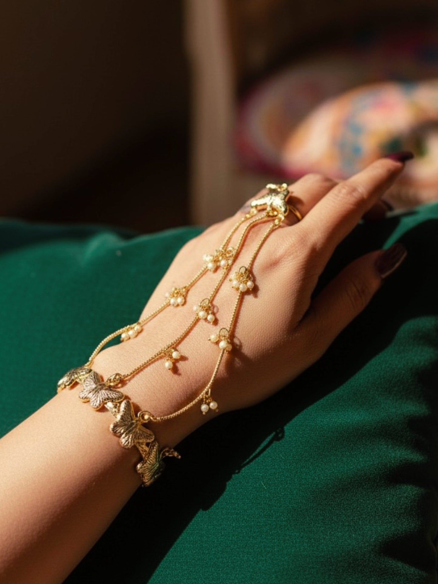 Titli Golden Pearl Chain Adjustable Hathphool Bracelet (Price per piece)
