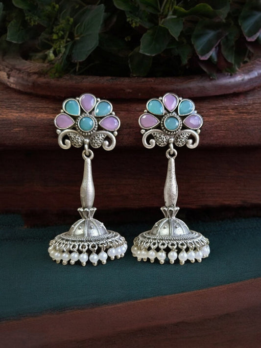 Vedika Monalisa Stone Silver Pearl Jhumka